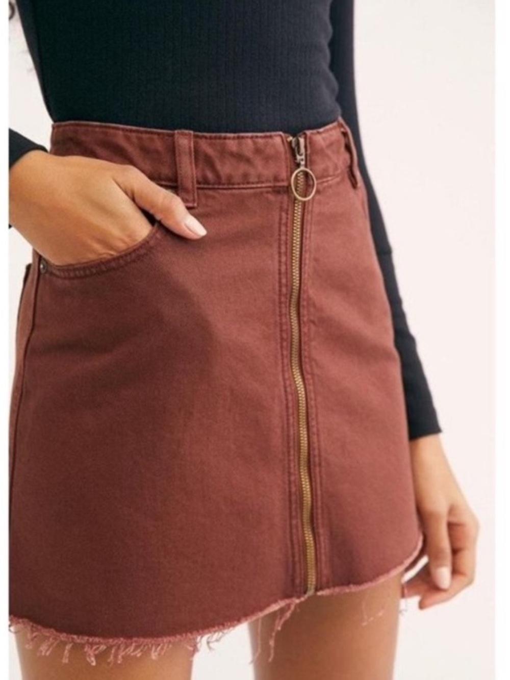 Free People We The Free Zip Up Denim Skirt Womens Brown Raw Hem 26